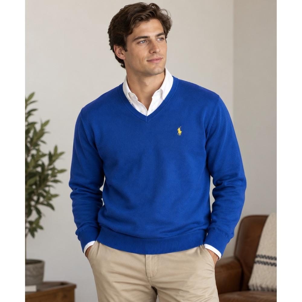 Polo Ralph Lauren Mens XXL Blue 100% Cotton V Neck Sweater Yellow Pony Preppy
